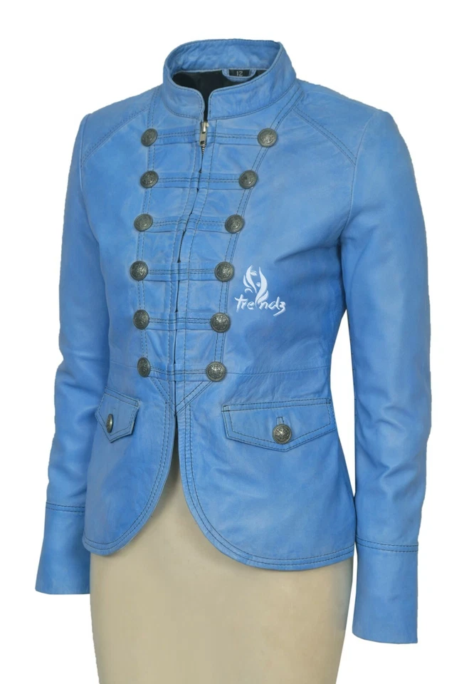 SCARLET Ladies Leather Jacket Blue Studded Military Style Real Leather Jacket - Image 2 of 4