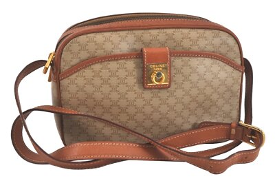 Authentic CELINE Macadam Blason Shoulder Cross Body Bag PVC Leather Beige 1784M