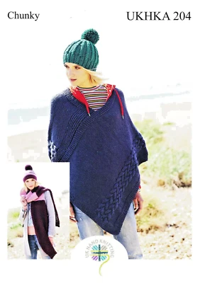 UKHKA 204 Poncho Hut Schal Chunky Strickmuster Größen S-M-L - Bild 1 von 4