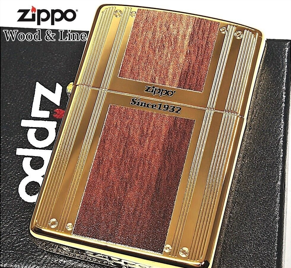 Zippo wood & line double-sided processing gold Since1932 unused