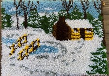 Vtg Winter Cabin Latch Hook Completed Rug Wall Hanging 24x18 MCM 70  s BOHO
