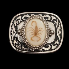 Vintage Intricate Design Silver Tone Belt Buckle Acryllic Scorpion 3 Inches Wide