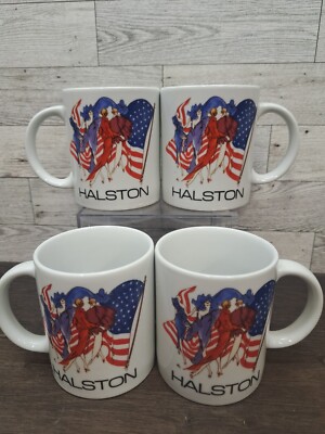Vintage 1990's Halston American Flag Runway Fashion Model Coffee Mugs (4) NICE