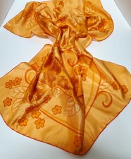 VTG Triangle Scarf Pure Silk Hand Printed Melon/Orange Floral Scrolls Asian 29"