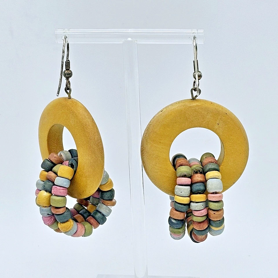 Bohemian Wood Circle Earrings Chunky Round Statement Dangle Mustard Tropical - Image 3 of 4