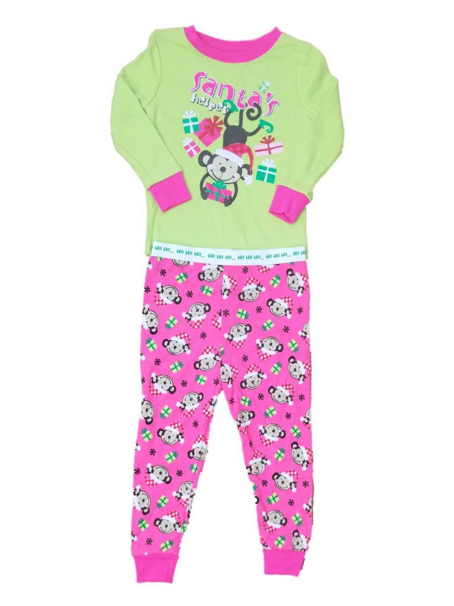 Baby Girl Pink Santas Helper Green Pant Set Sleeper Holiday Pajamas