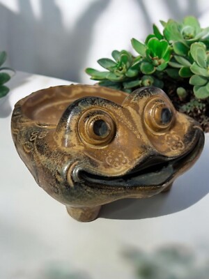 Vintage Otagiri Brown Floral Frog Bank / Plant Stand Japan Pottery