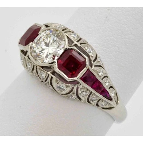 Antique Art Deco 3.10Ct White Diamond & Red Ruby Vintage Wedding Ring 925 Silver