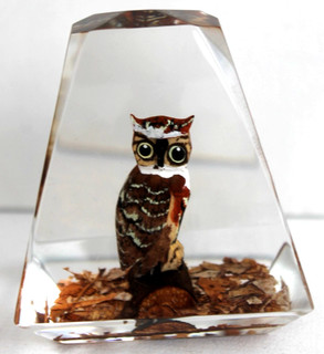 Vintage Hand Carved Painted Horned Owl Lucite/acrylic Unique Canada Paperweight
