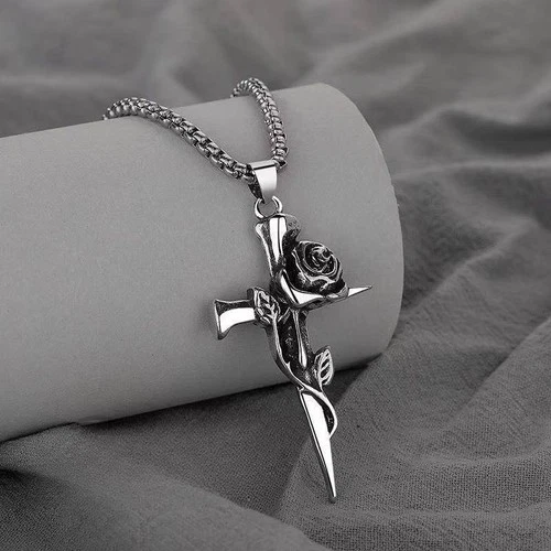 Fashion Vintage Double Sided Gothic Punk Rose Cross Stainless Steel Necklace