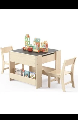 Puecrof 4-in-1 Kids Desk with 2 Chairs - Birch Wood Activity Table - Image 1 of 4