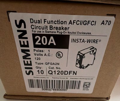 Siemens Q120DFN 20A Dual Function AFCI/GFCI Circuit Breaker 1-Pole 120V 10 Pack