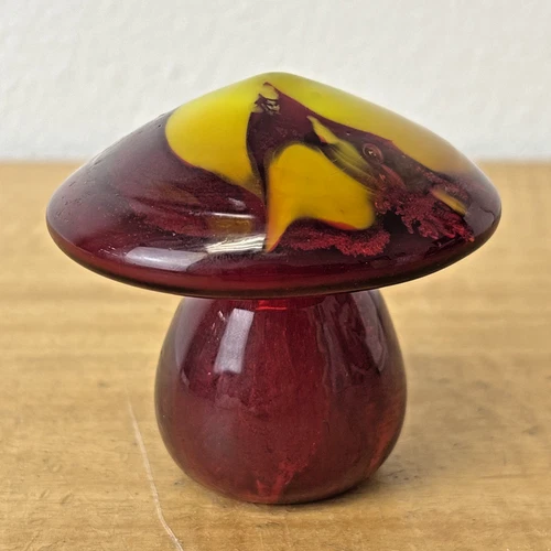 Vintage Blenko (?) Red and Yellow Glass Mushroom Paperweight Heavy