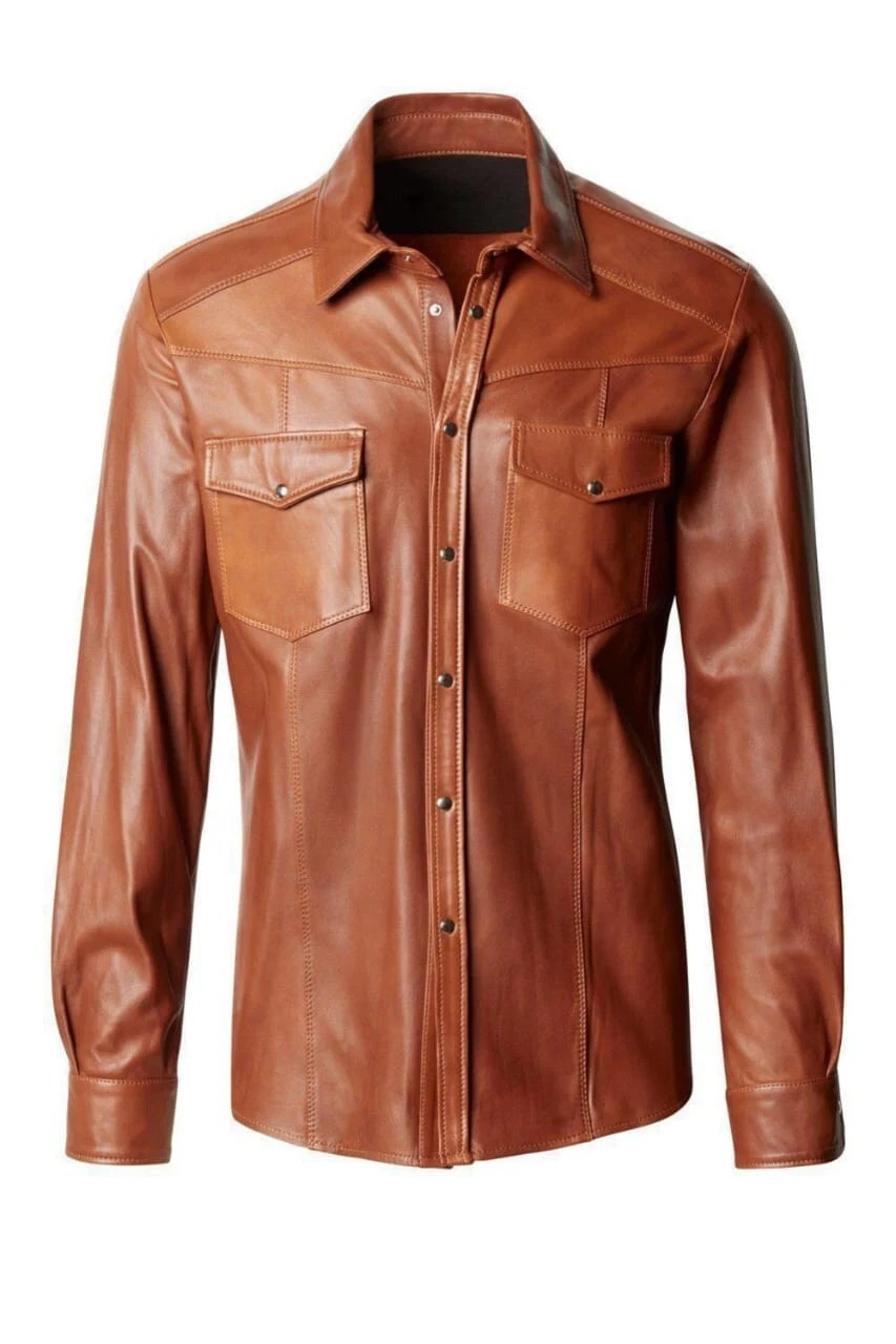 Men's Real Cow Soft Leather Brown Shirt Western Style Snap Button Slim Fit Shirt