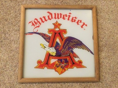 Budweiser A & Eagle Wood Framed Carnival Prize Glass Bar Sign 13x13