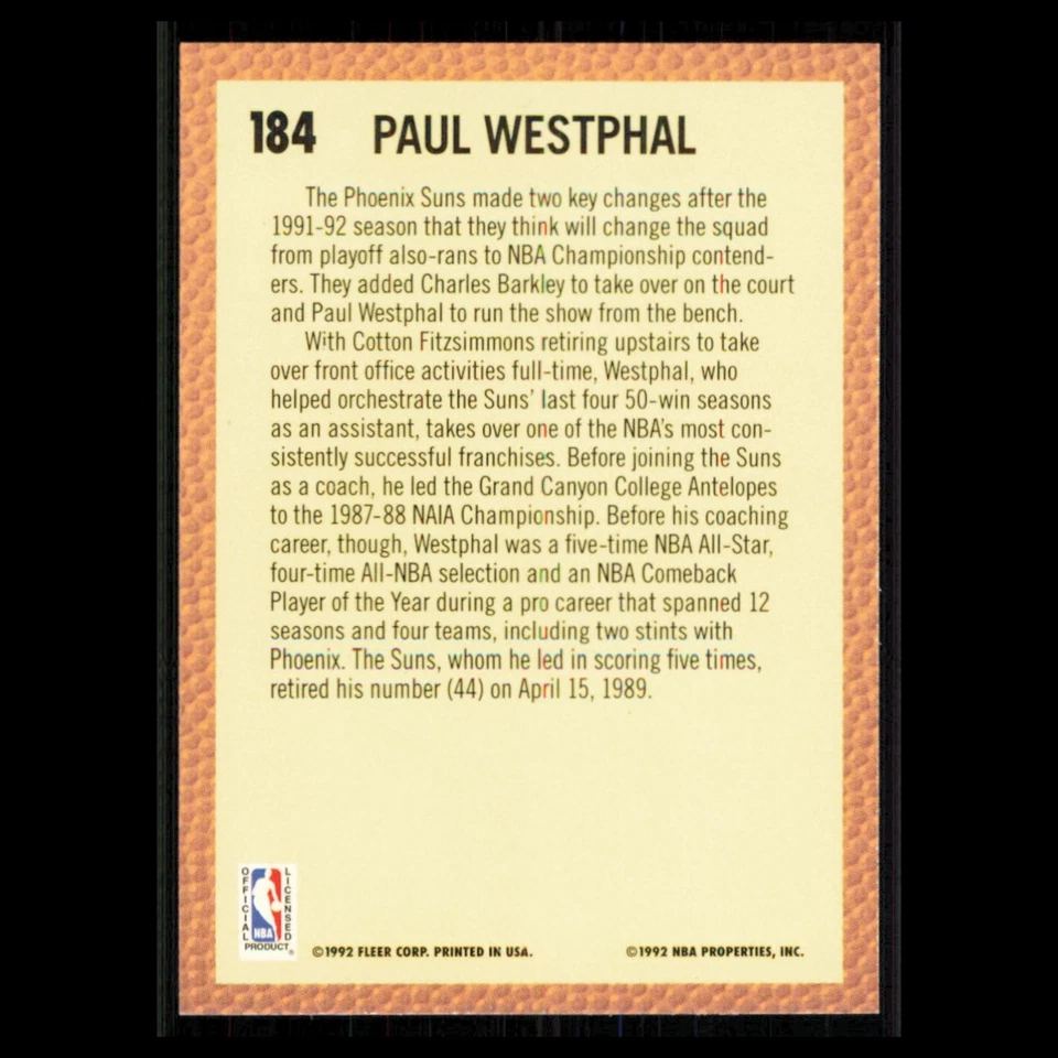 Paul Westphal #184 1992 Fleer Phoenix Suns Basketball Card NBA NM - Image 2 of 3