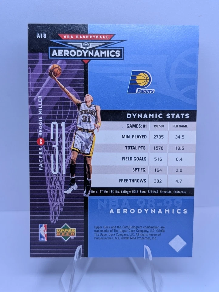 1998-99 Upper Deck Reggie Miller #A18 Aerodynamics HOF Indiana Pacers - Image 2 of 2