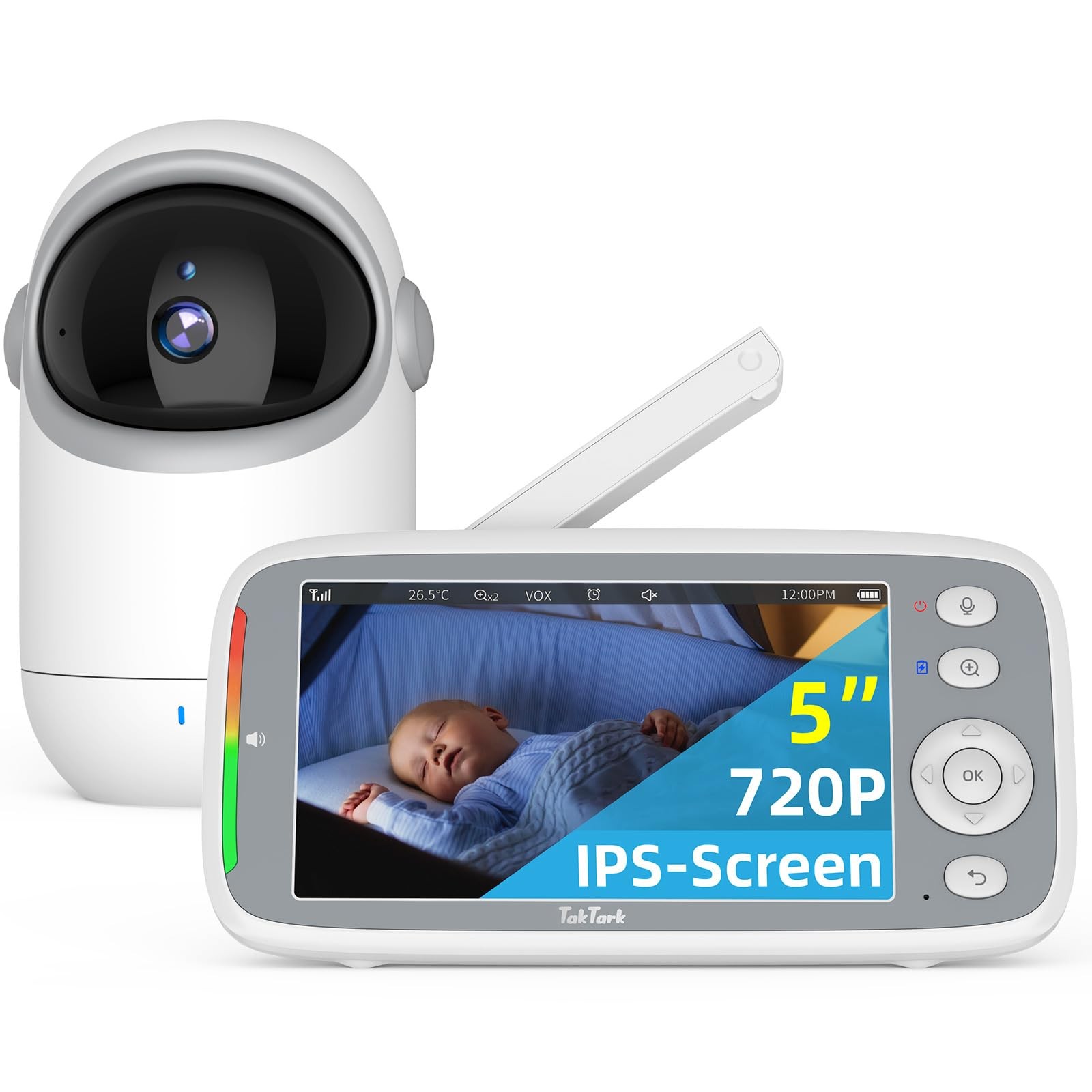 Babyphone caméra avec écran 5 pouces IPS HD 720P et moniteur vidéo motorisé pan-tilt blanc