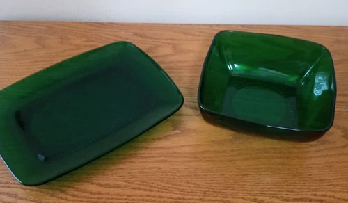 Vintage Anchor Hocking Forest Green Glass Serving Bowl 7x3 & Platter Square 8x11