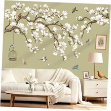 Magnolia Flowers Tree Branch Wall Stickers White Floral Birds Peel and Stick