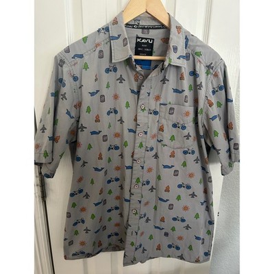 KAVU Mens Grey Novelty Print Short Sleeve Button Down Shirt Cotton Outdoor Large
