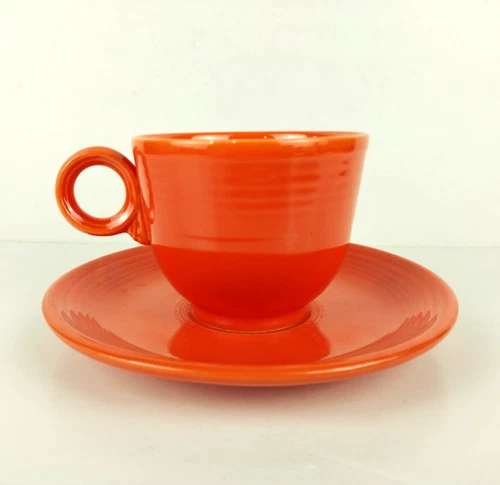 Vintage 1930s Fiesta Ware Radioactive Red Tea Cup & Saucer No Backstamp - RARE!