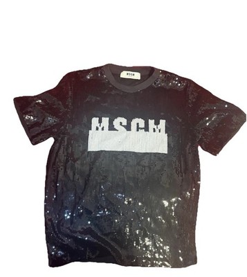 MSGM Women's Black White Sequin Logo Short Sleeve Crew Neck T-Shirt Size 42