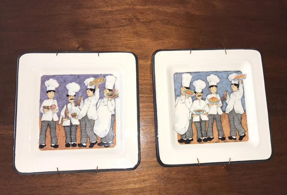 Comical Chefs BRUNELLI ITALIA PLACAS DE CERÁMICA CUADRADAS 7-3/4 LOTE DE 2 con perchas usadas en excelente estado Foto 2 de 4
