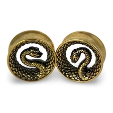 Pair of 316L Gold Steel Snake Double Flare Tunnels (PS-292, Gold) gauges plugs