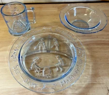 Vintage Tiara Glass Nursery Rhyme Blue Child's Dish Set 3 Pieces Plate Bowl Mug