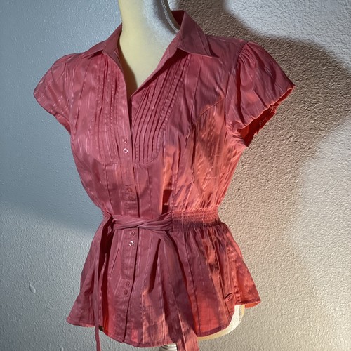 CANDIES Puff Sleeve Button Front Blouse Top Fits Sz M Coral Shapely Tie Waist - Picture 14 of 15
