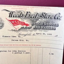Antique billhead receipt    Woods-Evertz Stove 29 April 1932 Springfield MO SL2