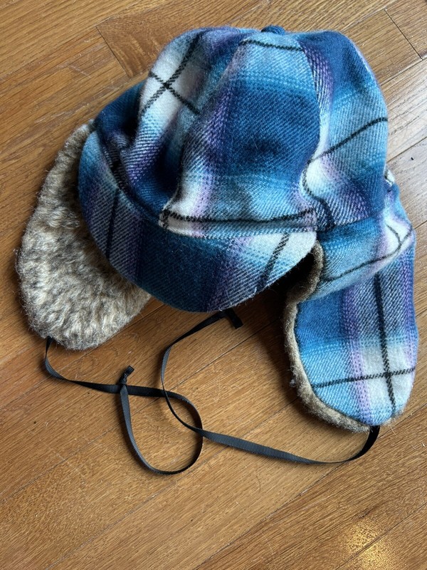 American Eagle Trapper Hat Cap Ear Flaps Blue Purple Plaid Lined One Size Winter