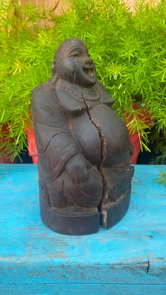Antigua figura de Buda Riendo tallada a mano de madera antigua Foto 4 de 4