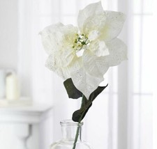 12 ARTIFICIAL FAUX VELVET GLITTER WHITE/GREEN POINSETTIA STEMS PICKS CHRISTMAS