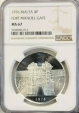 1976 MALTA SILVER 4 POUNDS FORT MANOEL GATE NGC MS 67 PQ BEAUTY RARE TOP POP 1