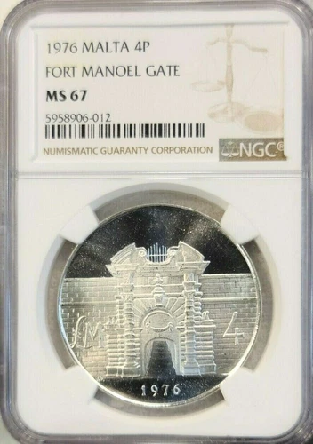 1976 MALTA SILVER 4 POUNDS FORT MANOEL GATE NGC MS 67 PQ BEAUTY RARE TOP POP 1