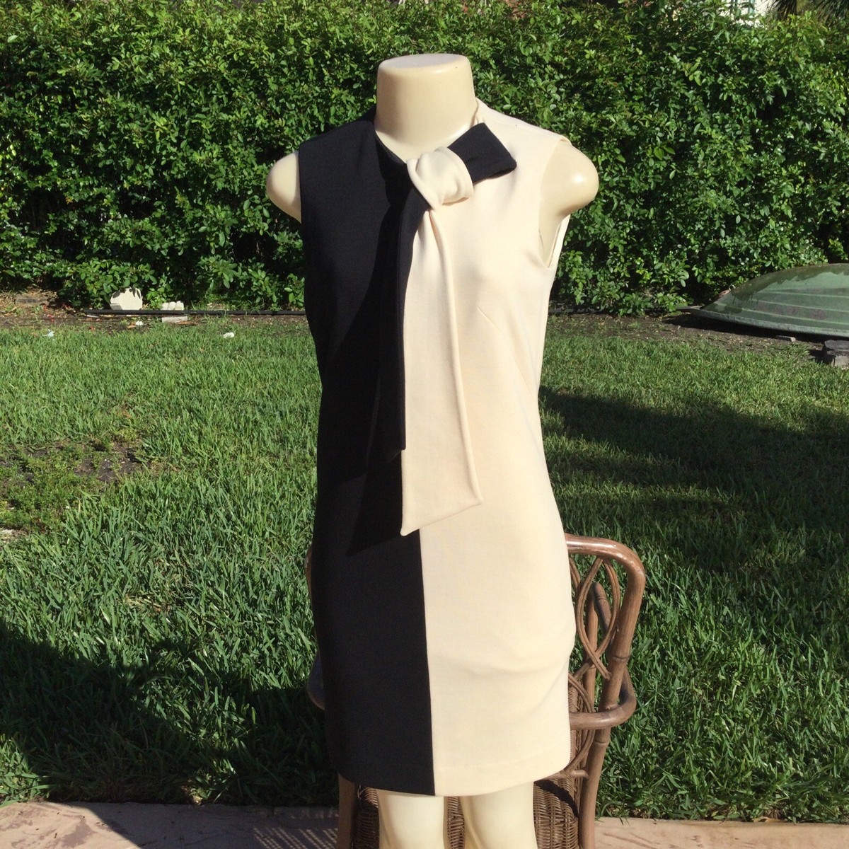 MICHAEL KORS CREAM & BLACK BOW DETAIL SLEEVELESS DRESS Sz 4 MADE IN ITALY