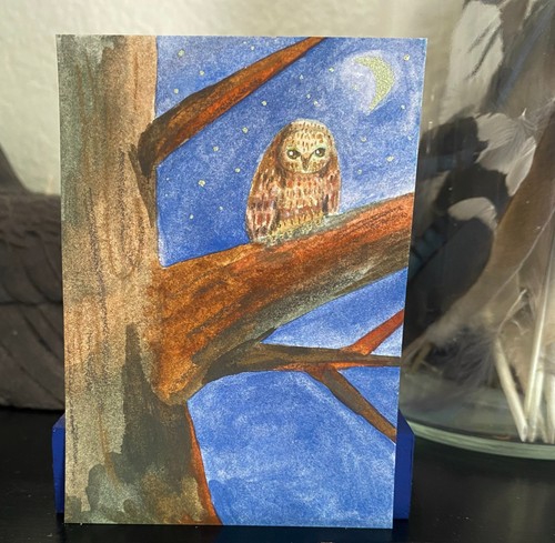 aceo original art, Moonlit Owl, starry sky 2 1/2" x 3 1/2"