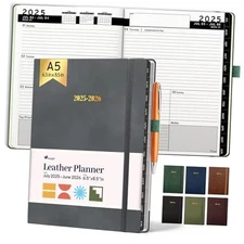  2025-2026 HARDCOVER Leather Planner Weekly & Monthly - 6.5 x 8.5 Inches Grey