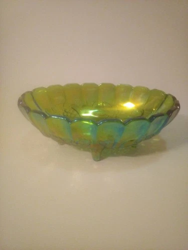 Vintage Green Glass Footed Oval Fruit Bowl