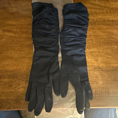 Vintage Black Nylon Ruched Long Dress Gloves One Size Formal Evening