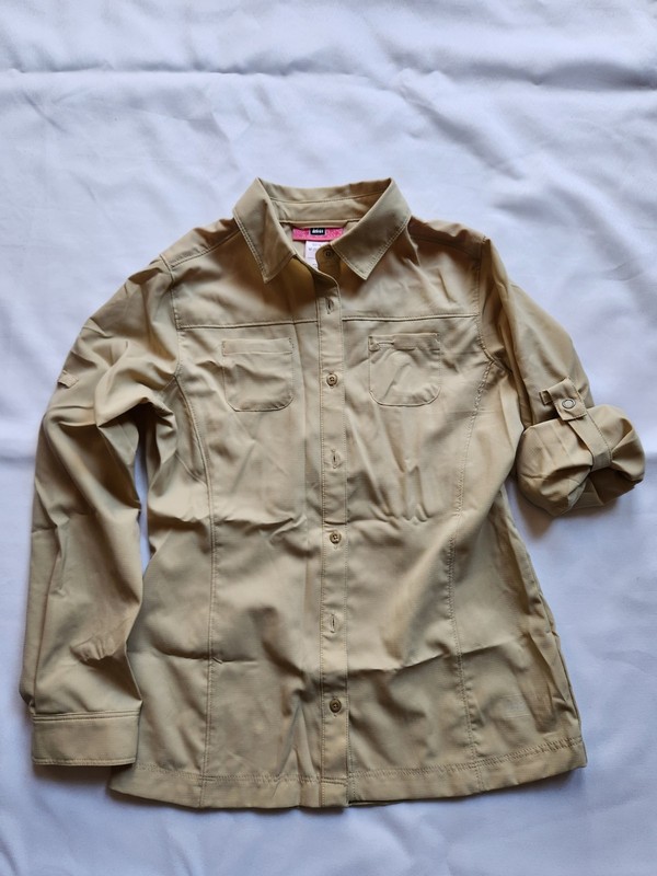 REI Sahara Button Up Long Sleeve Shirt Beige Girls Medium 10-12 [F50]