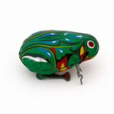 Vintage Japanese Tin Litho Wind-Up Jumping Frog Toy Colorful Clockwork Key