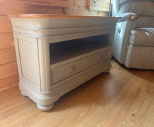 Grey Wood TV Stand with Medium Wood Top, 1 Drawer, Open Shelf, Assembled