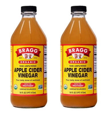 2x Bragg Organic Apple Cider Vinegar with the Mother Raw and Unfiltered 16 fl oz
