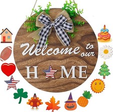 Festival Hanging Board Welcome Door Sign Fall Thanksgiving Round Wreath Wood