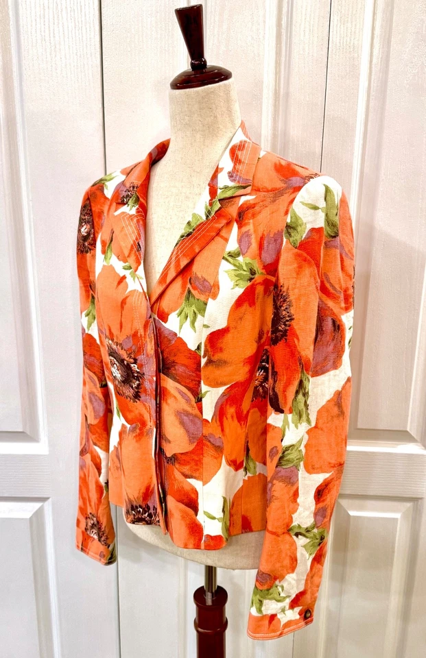 *Nuevo sin etiquetas Blazer Carlisle, talla 8 para mujer, lino-rayón, forrado, estampado de flores de amapola Foto 2 de 4