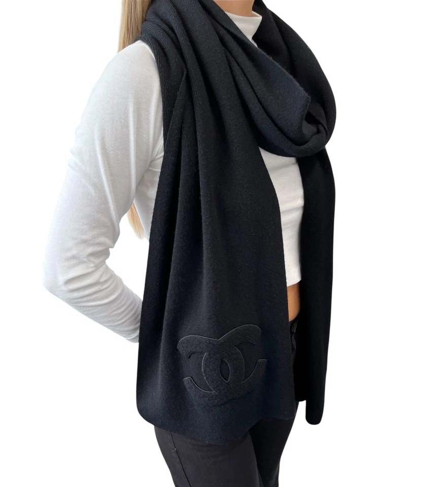 CHANEL Vintage CC Big Logo Silenciador Bufanda Envoltura Accesorio Parche Cachemira Negro Foto 2 de 4