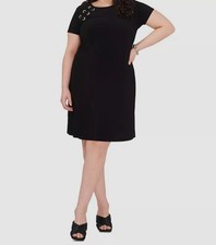 MSK Women's Black Grommet-Trim Scoop Neck Short Sleeve Shift Dress Plus Size 2X